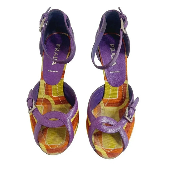 SOLD Prada RARE Vintage y2k Green and Purple Mod Print Wedges Women's Size 6 - Picture 4 of 12